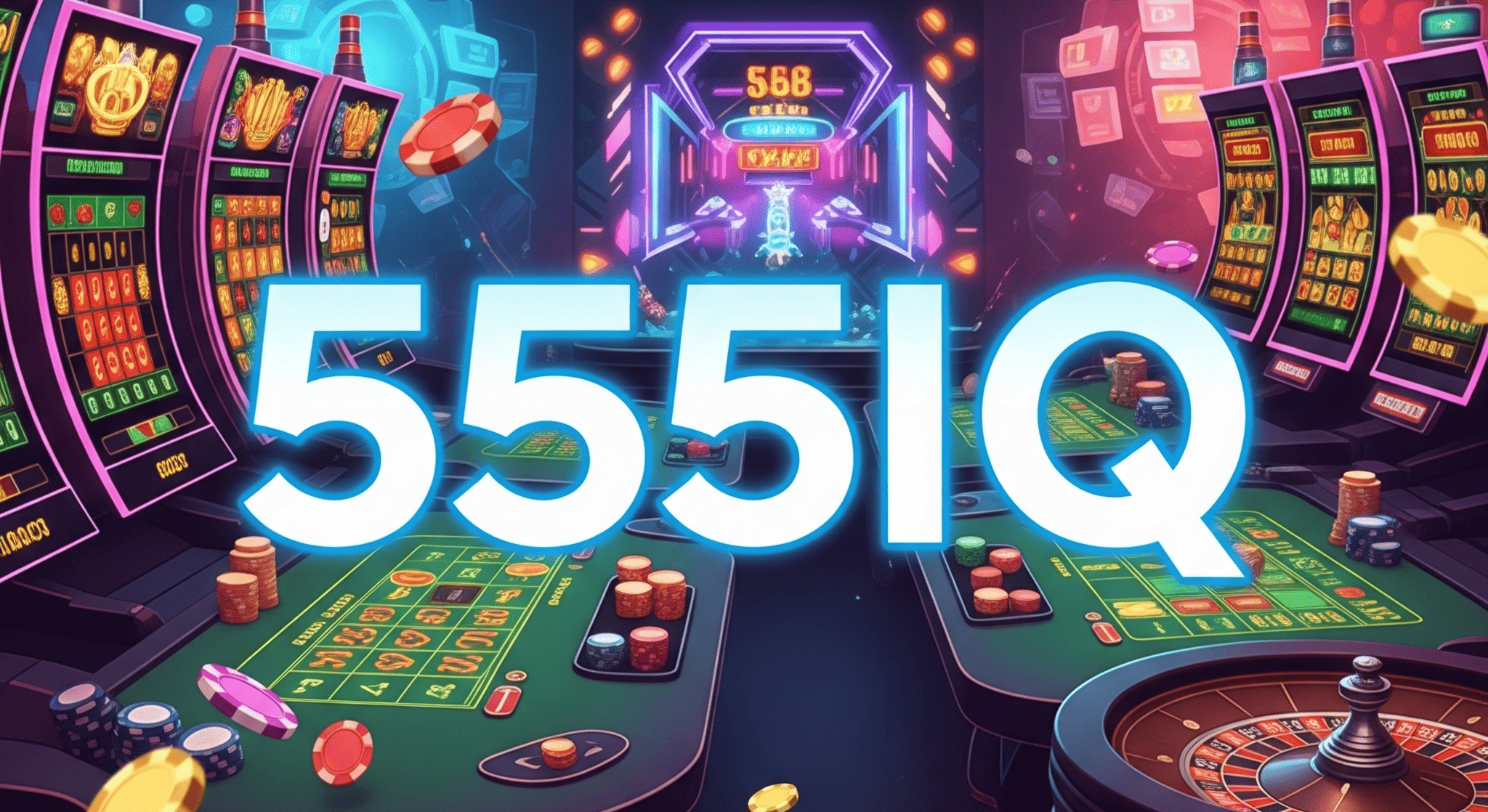 Bright 555IQ montage displaying slots, cards, and sports action